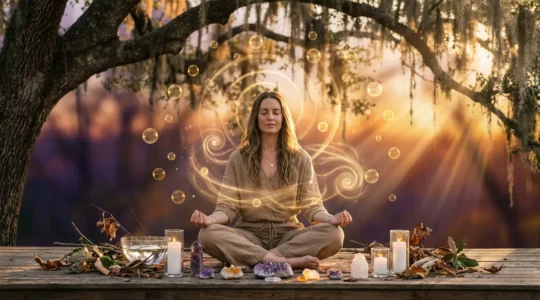 Mujer meditando con símbolos energéticos flotando alrededor en un ambiente místico