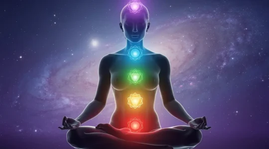 Silueta humana meditando con los siete chakras iluminados en colores vibrantes sobre columna vertebral