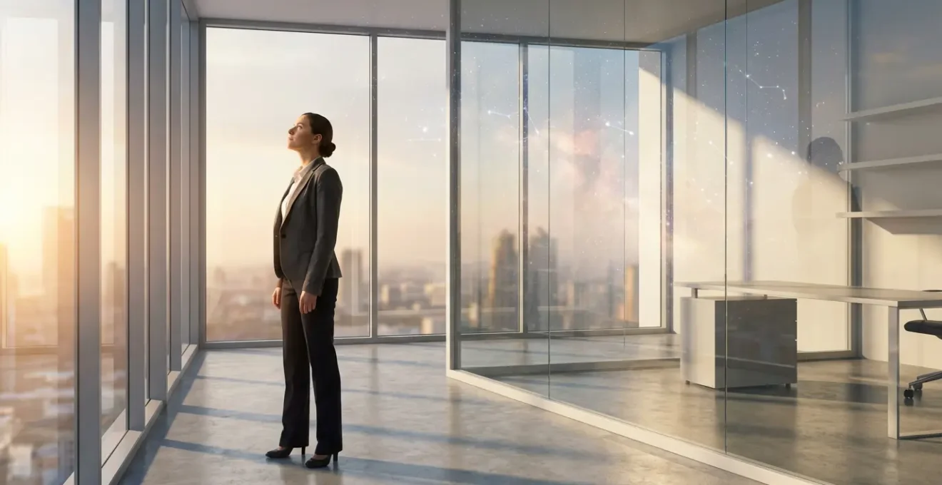 Persona profesional mirando hacia arriba con constelaciones sutiles proyectadas