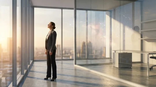 Persona profesional mirando hacia arriba con constelaciones sutiles proyectadas