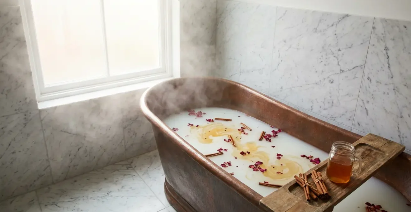 Preparación de baño ritual con miel, canela y pétalos en una bañera de cobre vintage.