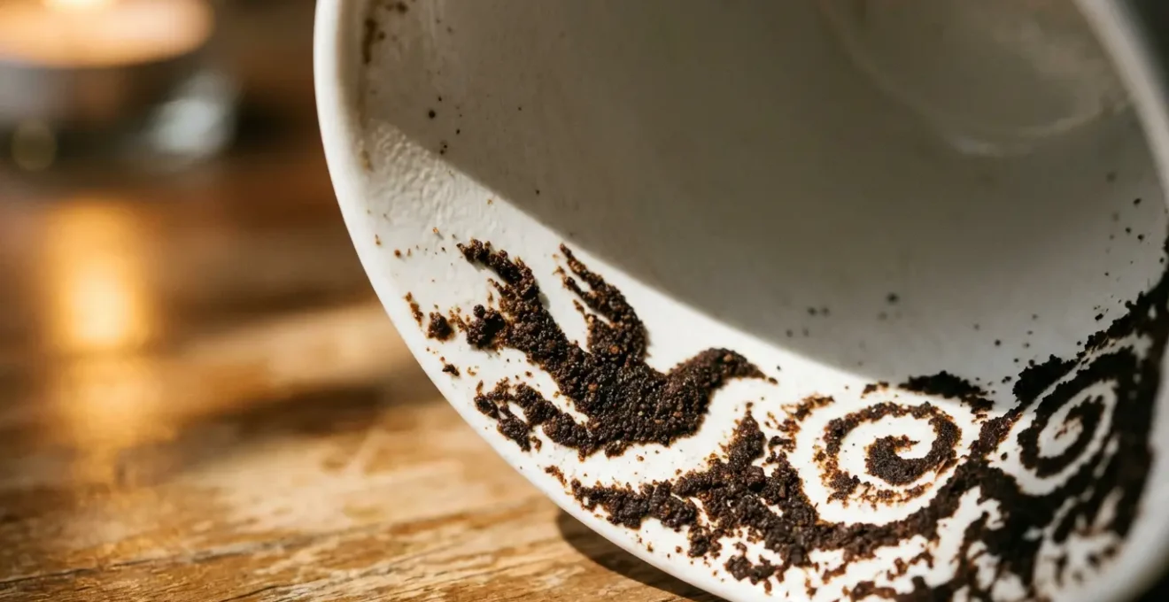 Lectura mística de posos de café en taza blanca con patrones intuitivos
