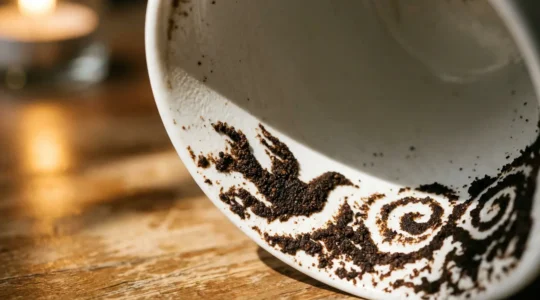 Lectura mística de posos de café en taza blanca con patrones intuitivos