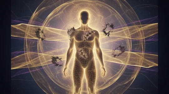 Representación visual del campo energético humano con fugas etéricas visibles como áreas oscuras en el aura luminosa