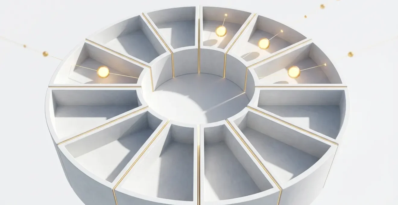 Representación visual de una carta astral con casas vacías iluminadas por líneas doradas de conexión hacia planetas regentes