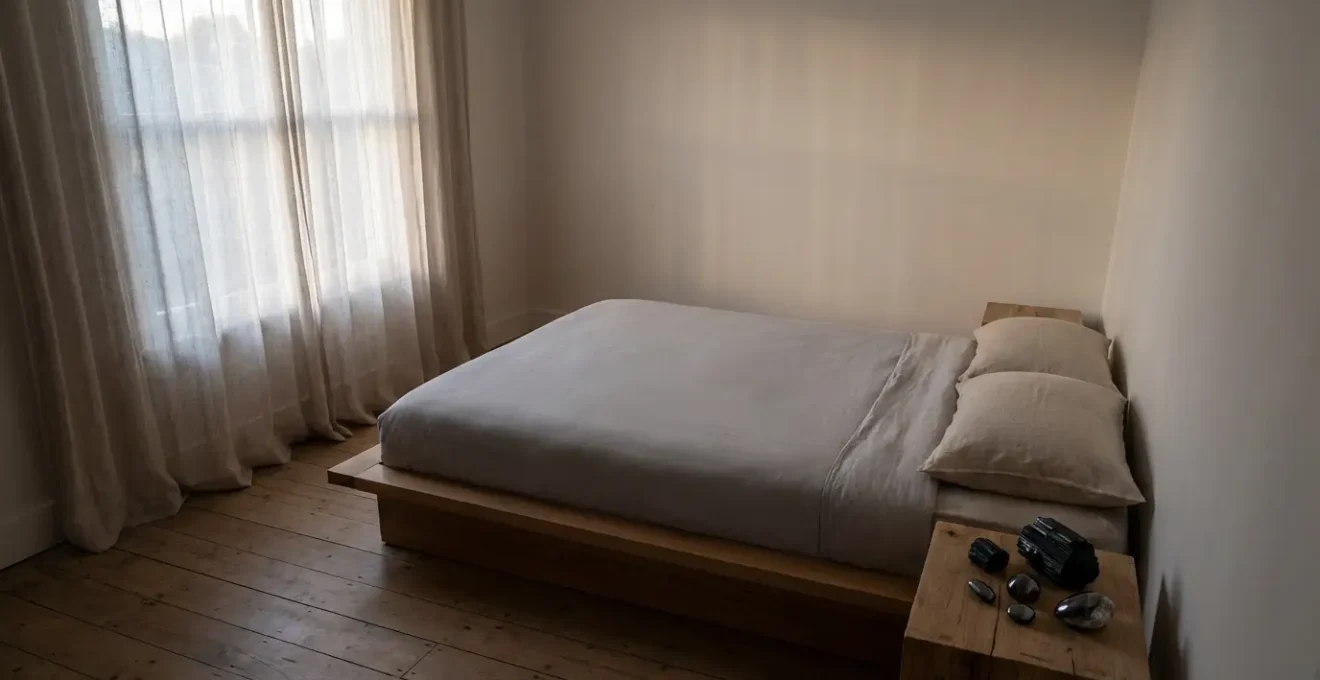 Dormitorio minimalista con luz suave y cristales protectores sobre mesita