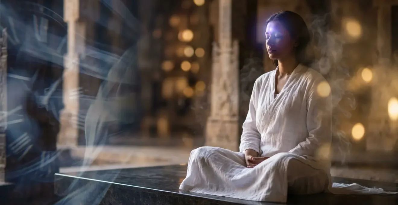 Persona meditando con representación visual de energías espirituales y el tercer ojo iluminado