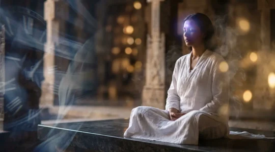 Persona meditando con representación visual de energías espirituales y el tercer ojo iluminado