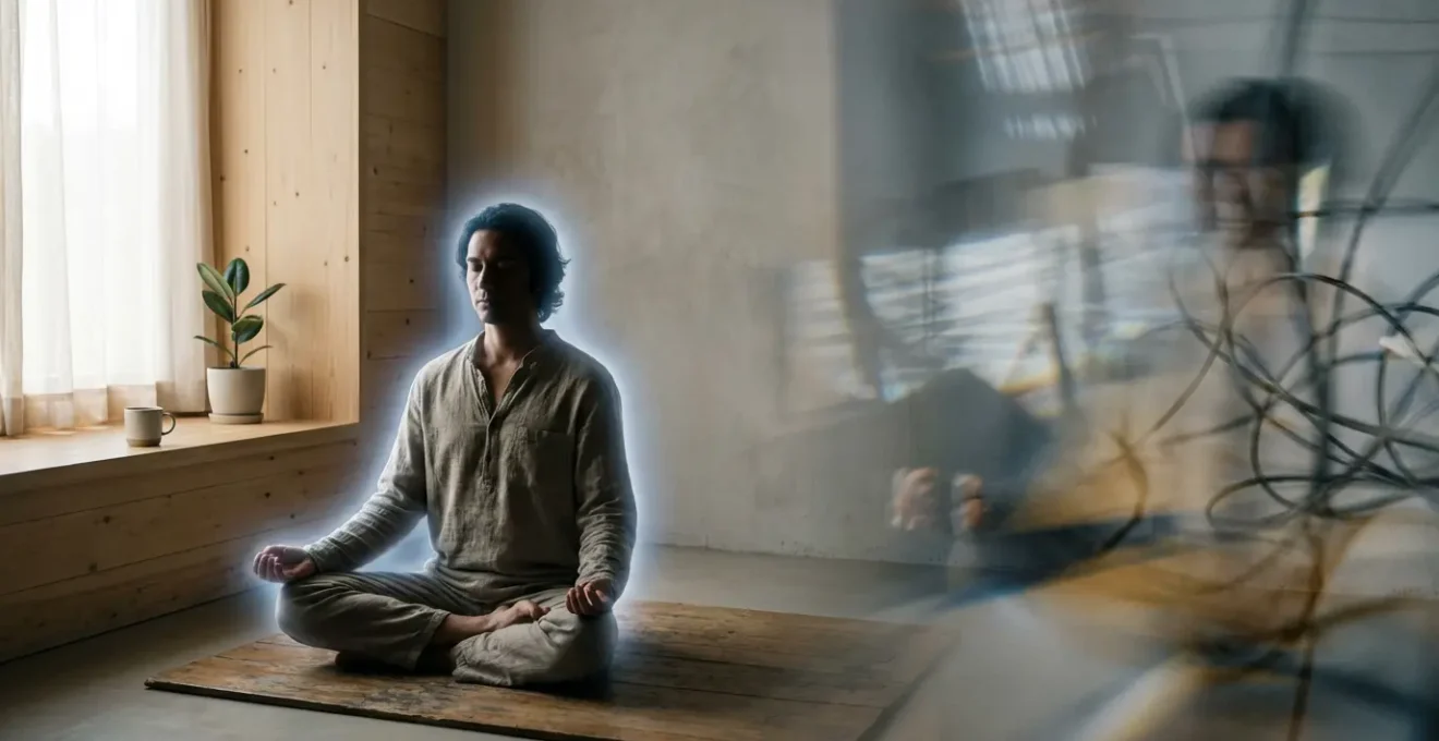 Persona meditando con aura luminosa en espacio tranquilo iluminado por luz natural