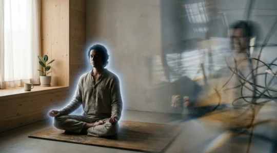 Persona meditando con aura luminosa en espacio tranquilo iluminado por luz natural