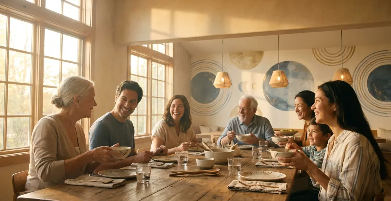 Familia multigeneracional compartiendo cena con elementos zodiacales sutiles en el ambiente
