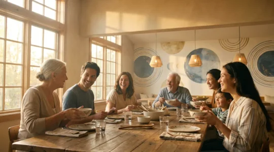 Familia multigeneracional compartiendo cena con elementos zodiacales sutiles en el ambiente