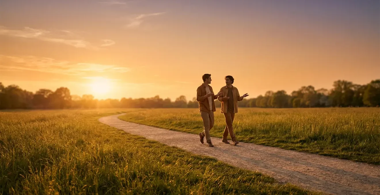 Pareja conversando mientras camina en un parque abierto