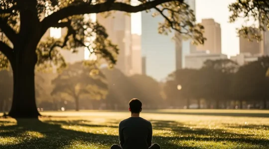 Persona meditando en parque urbano rodeada de árboles con rascacielos al fondo