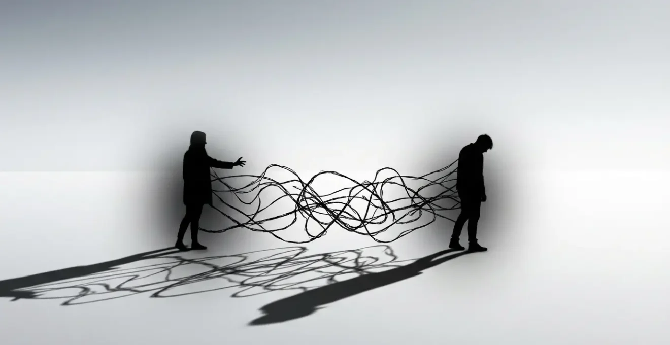 Siluetas de dos personas conectadas por hilos energéticos oscuros que se enredan