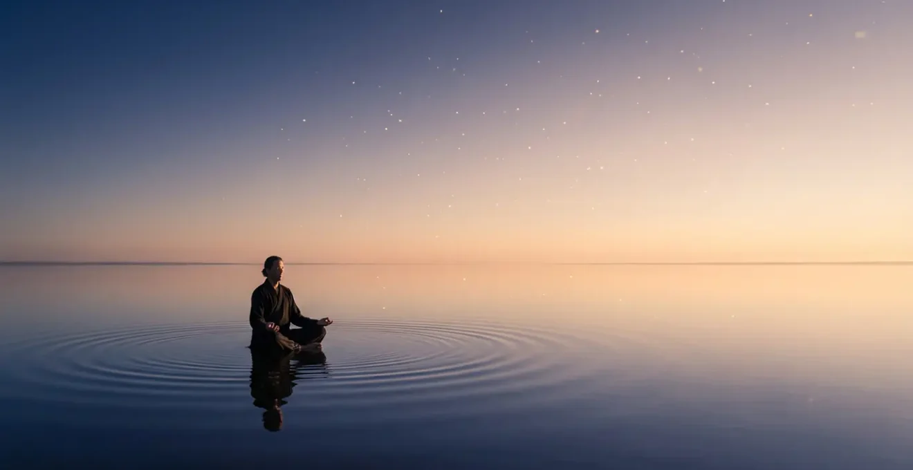 Persona meditando en paz mientras símbolos etéreos de luz flotan sutilmente alrededor