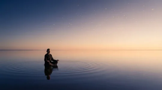 Persona meditando en paz mientras símbolos etéreos de luz flotan sutilmente alrededor
