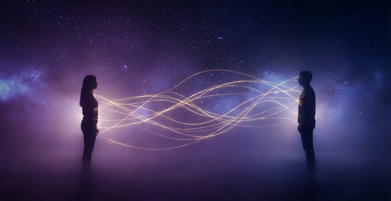Dos siluetas humanas distantes con hilos de luz dorada conectándolas en el espacio