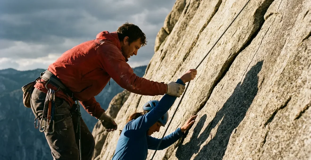 Dos personas escalando juntas una montaña, simbolizando el crecimiento a través del desafío