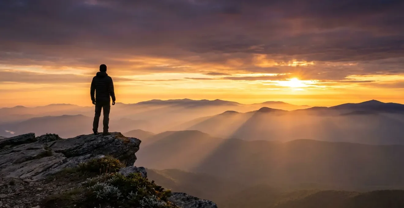 Figura solitaria de espaldas contemplando un amanecer dorado desde la cima de una montaña rocosa, simbolizando transformación personal