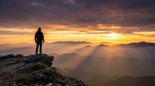 Figura solitaria de espaldas contemplando un amanecer dorado desde la cima de una montaña rocosa, simbolizando transformación personal