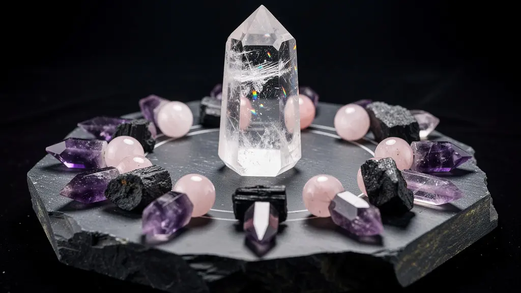 Cristal de cuarzo maestro transparente de seis caras en el centro de una rejilla con otros cristales más pequeños alrededor, iluminación dramática