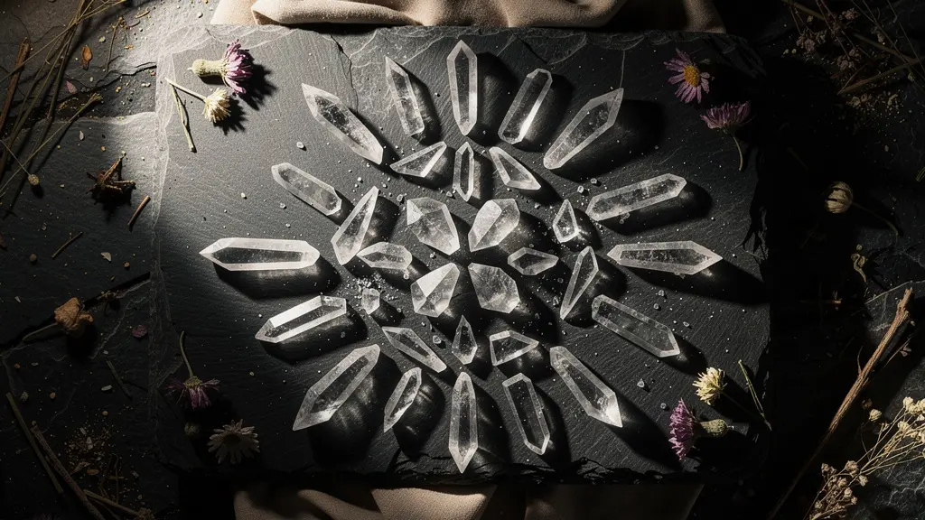 Fragmentos de cristal dispuestos en altar ceremonial con elementos naturales