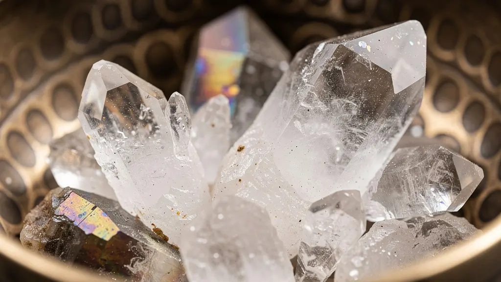 Cristales de cuarzo dentro de cuenco tibetano con vibraciones visibles como ondas de luz