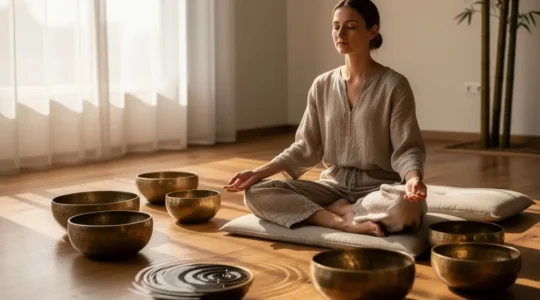 Persona meditando con cuenco tibetano en ambiente sereno con vibraciones sonoras visibles