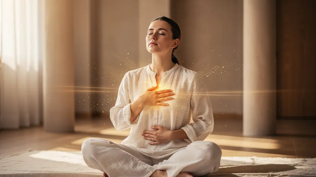Mujer realizando técnica de liberación emocional con energía dorada fluida