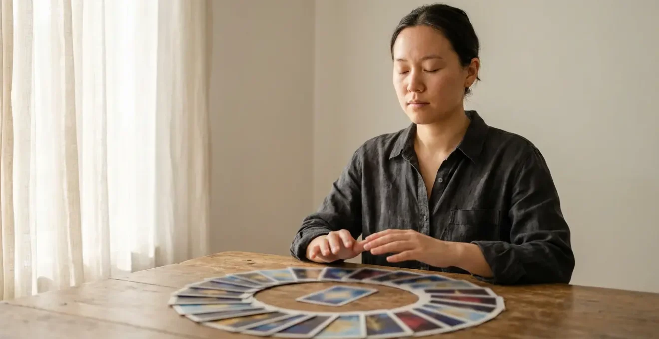 Persona meditando con cartas de tarot dispuestas en forma de camino hacia la luz interior para el autoconocimiento