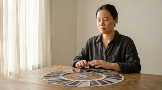 Persona meditando con cartas de tarot dispuestas en forma de camino hacia la luz interior para el autoconocimiento