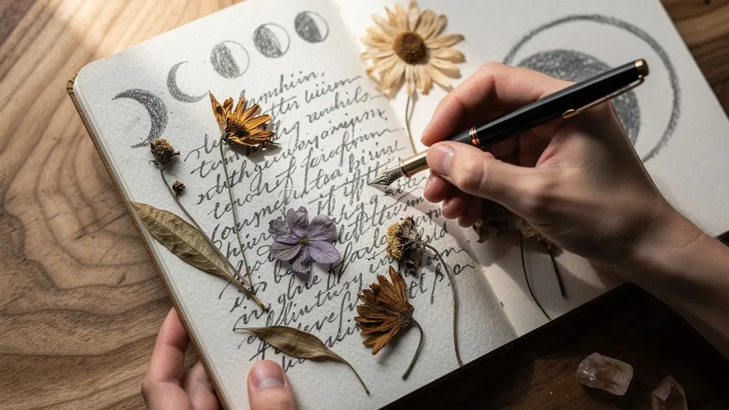 Manos escribiendo en un diario rodeado de elementos naturales que simbolizan ciclos de crecimiento
