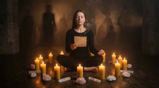 Mujer meditando con velas y cristales en ritual espiritual para claridad emocional