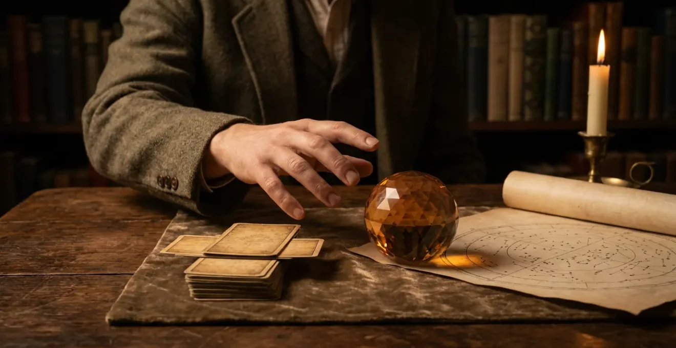 Persona contemplando cartas de tarot, esfera de cristal y constelaciones astrológicas en ambiente místico