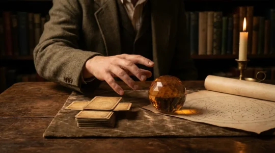 Persona contemplando cartas de tarot, esfera de cristal y constelaciones astrológicas en ambiente místico