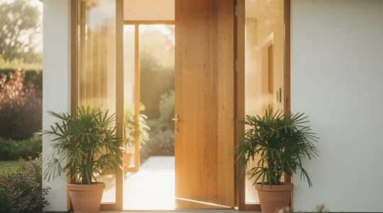 Entrada principal de una casa con puerta de madera abierta mostrando un recibidor luminoso con plantas y elementos feng shui para atraer prosperidad