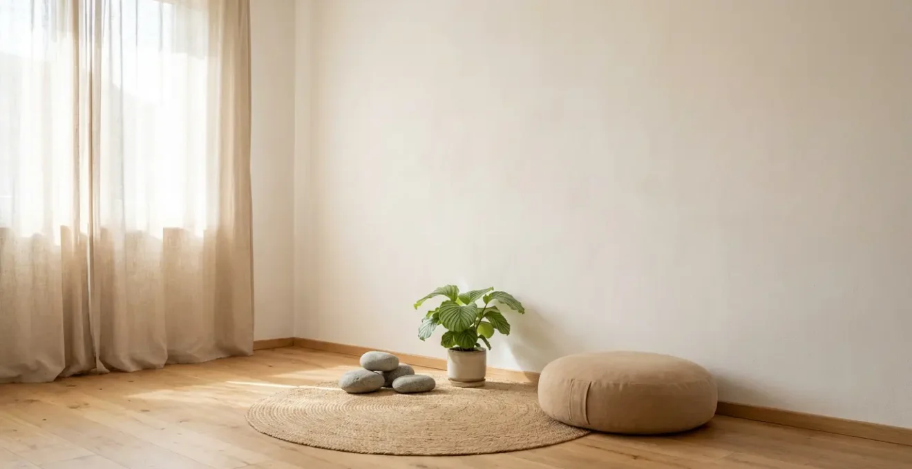 Rincón de meditación minimalista con texturas naturales y luz indirecta