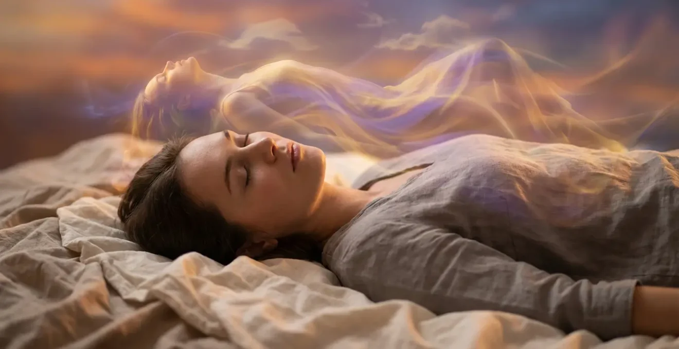 Figura humana flotando entre dos mundos luminosos representando la transición del sueño