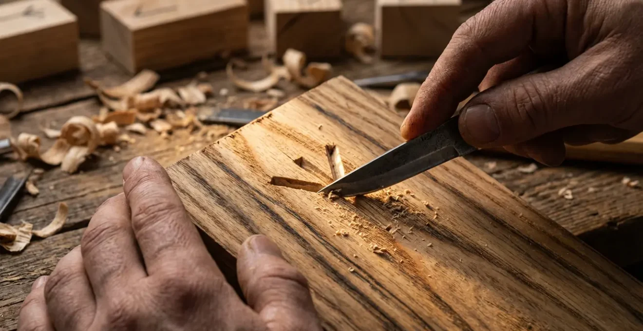 Proceso artesanal de tallado de runas vikingas en madera de fresno con herramientas tradicionales