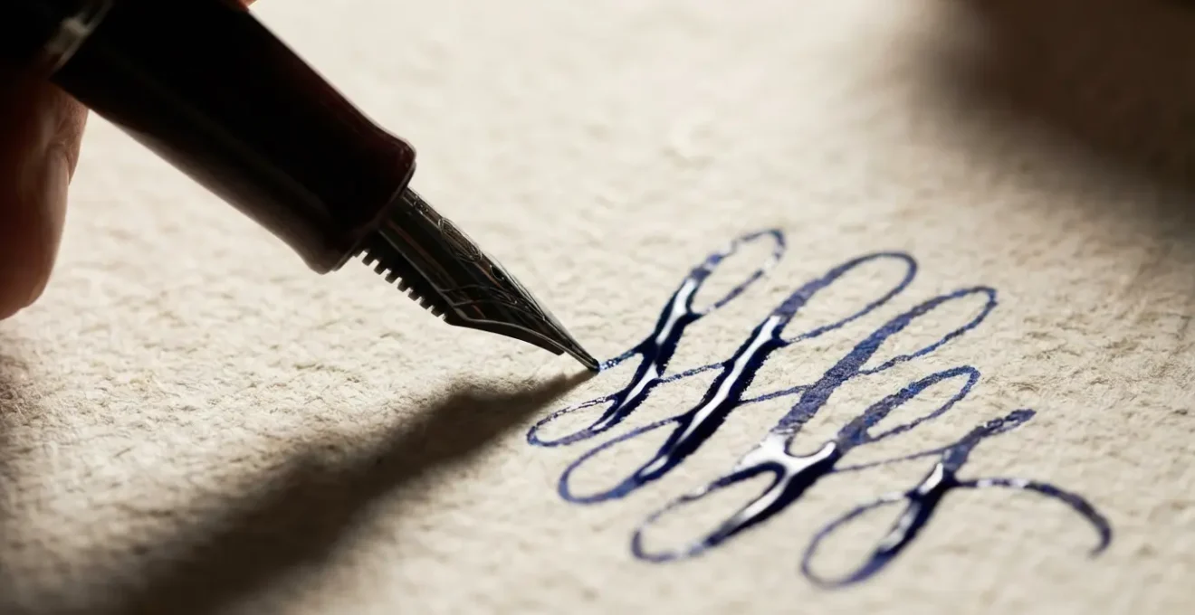 Mano escribiendo una firma estilizada con trazos que sugieren formas numéricas