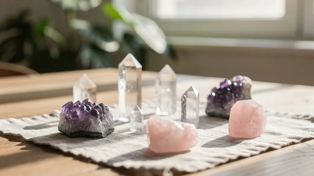 Cristales de cuarzo y piedras preciosas sobre mesa de madera con luz natural