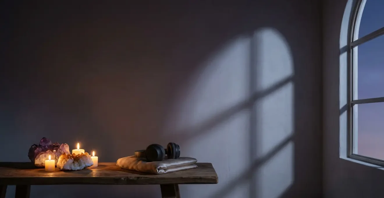 Un espacio de meditación nocturna con cristales, velas y unos auriculares, creando un ambiente ritual para grabar afirmaciones.