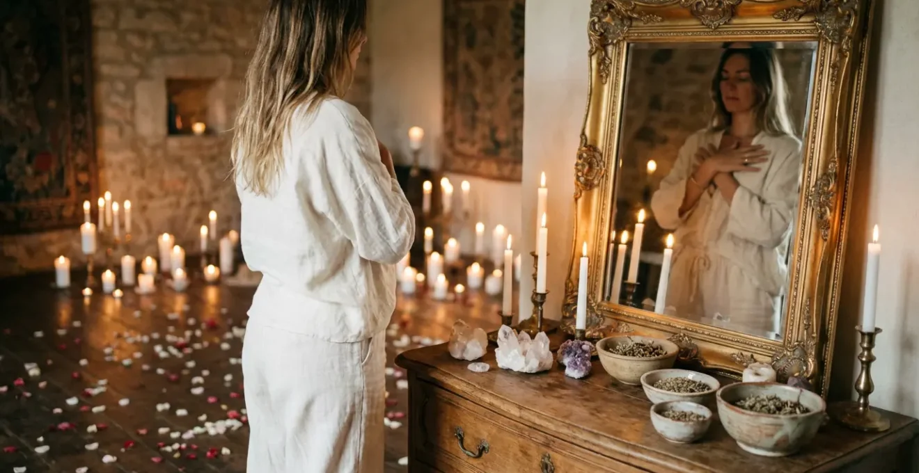 Mujer practicando ritual de amor propio bajo luz de luna