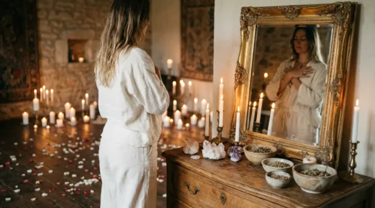 Mujer practicando ritual de amor propio bajo luz de luna