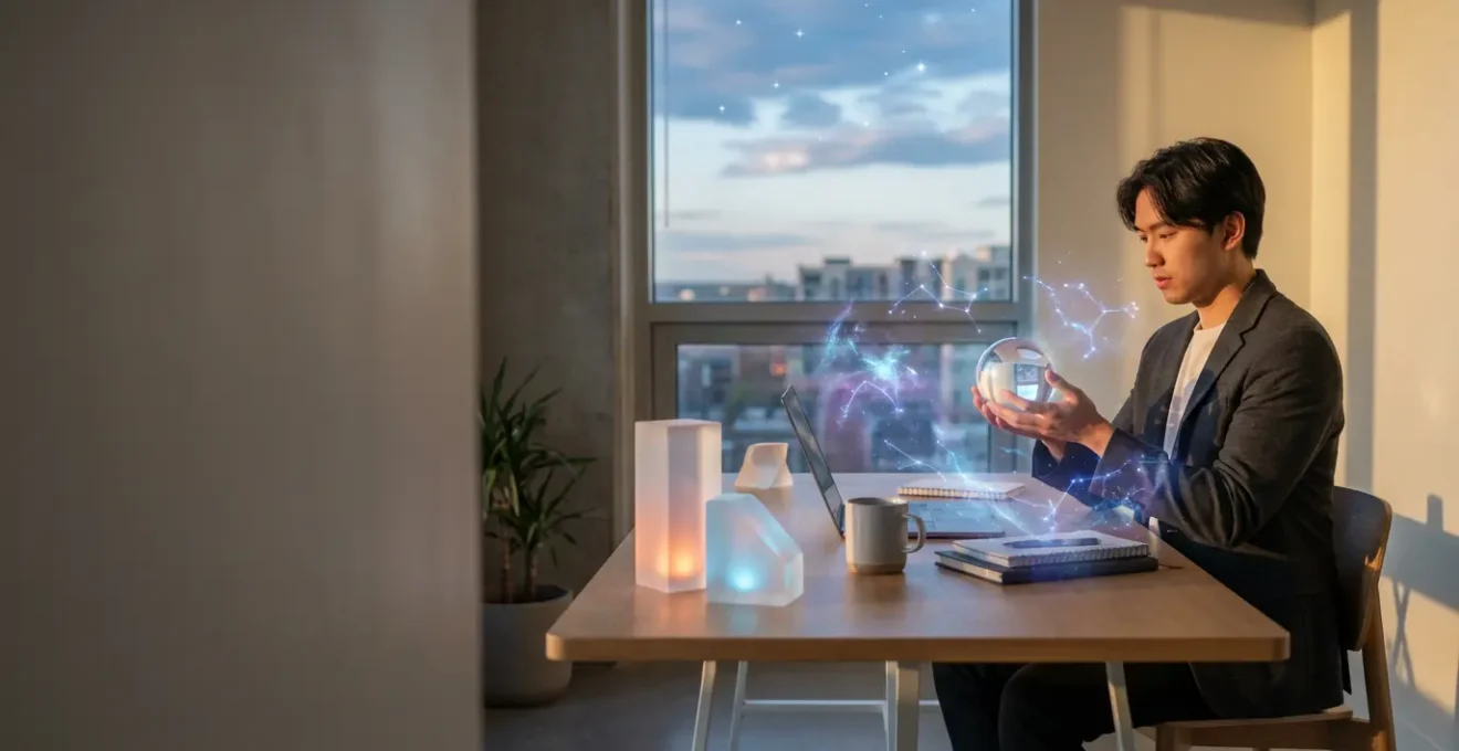 Persona analizando el cielo estrellado mientras organiza tareas en un ambiente de trabajo moderno