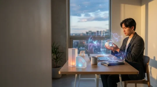 Persona analizando el cielo estrellado mientras organiza tareas en un ambiente de trabajo moderno