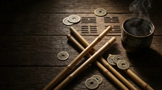 Consulta del I Ching con hexagramas y elementos tradicionales chinos en momento de transformación