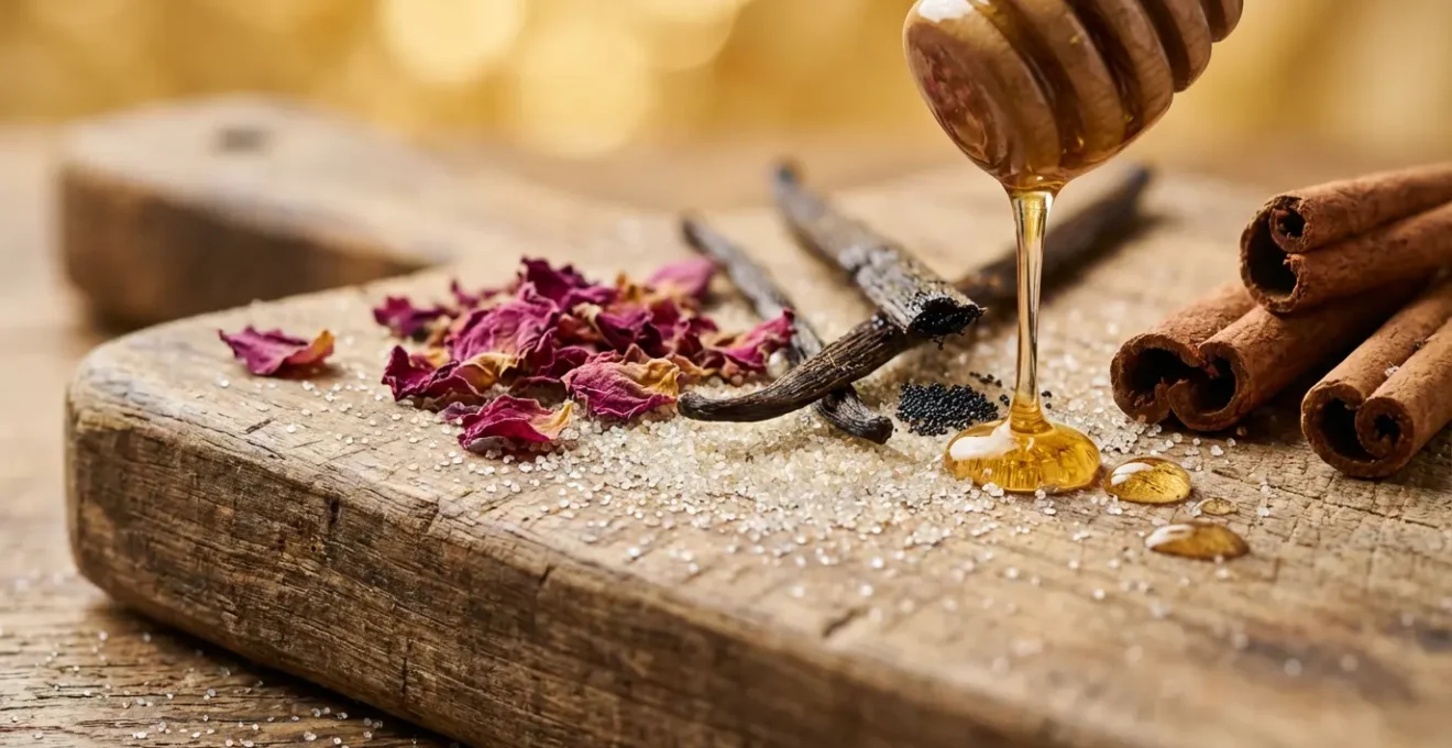 Mesa con ingredientes de cocina para ritual de amor propio: azúcar, pétalos de rosa, vainilla y miel.