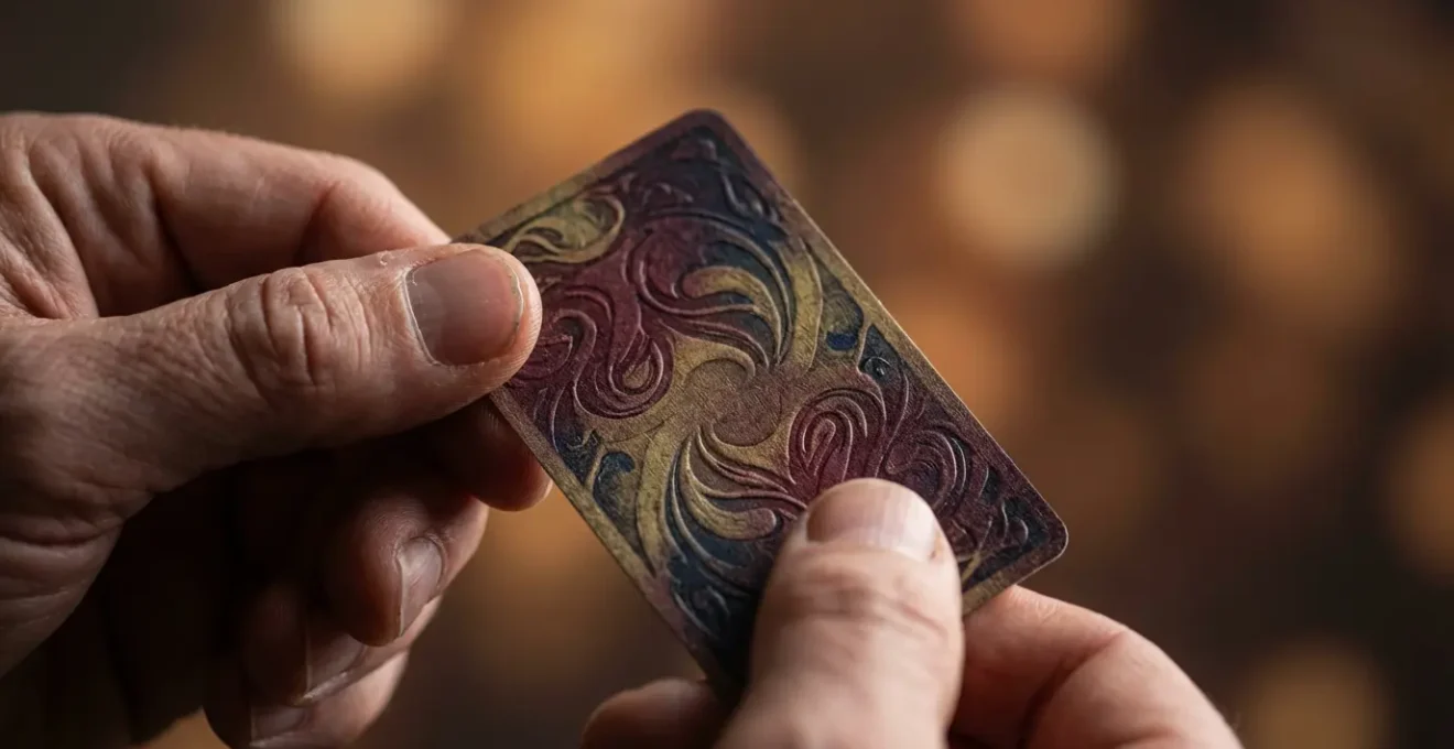 Manos sintiendo la energía de una carta de tarot con expresión de conexión intuitiva profunda